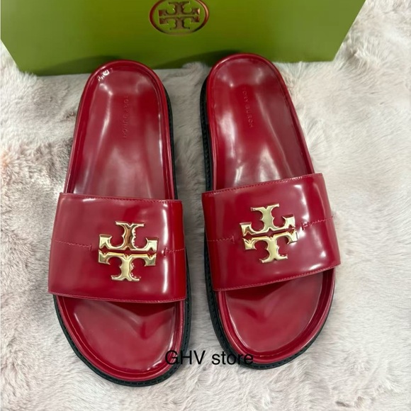 Tory Burch Shoes - Tory Burch Red Patent Leather Slide Sandals with Gold Logo
